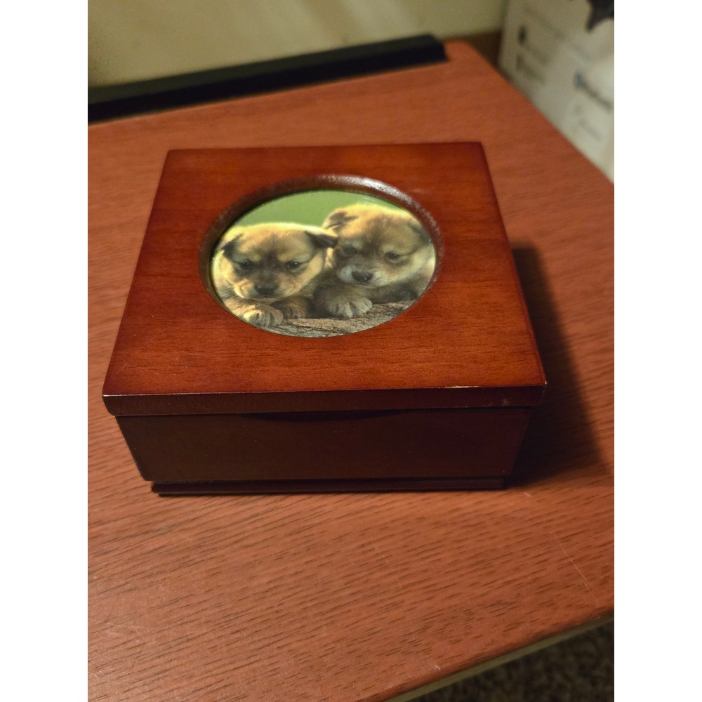 Kmart Vintage Wooden Jewelry Box Puppy Photo Lid Cherry Finish Ring‎ Organizer